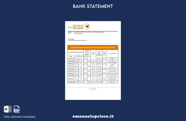 modello word di estratto conto bancario Burkina Faso Banque Atlantique in stile 